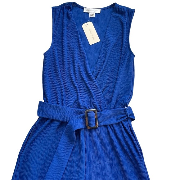Monteau Blue Crinkle Jumpsuit Women’s Size S Belted Sleeveless Wide Leg - Picture 2 of 9